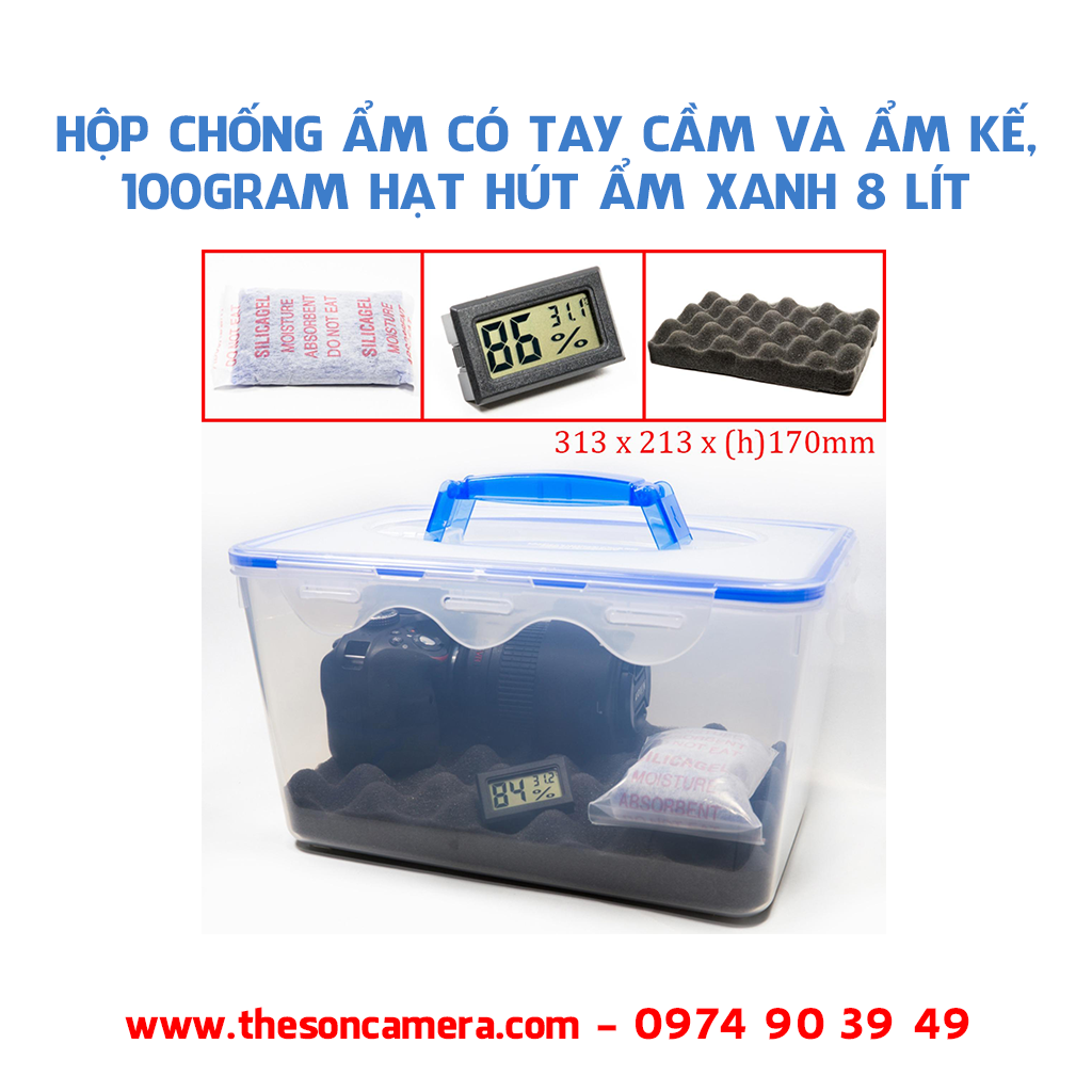 Hộp chống ẩm có tay cầm và ẩm kế, 100gram hạt hút ẩm xanh 8 lít